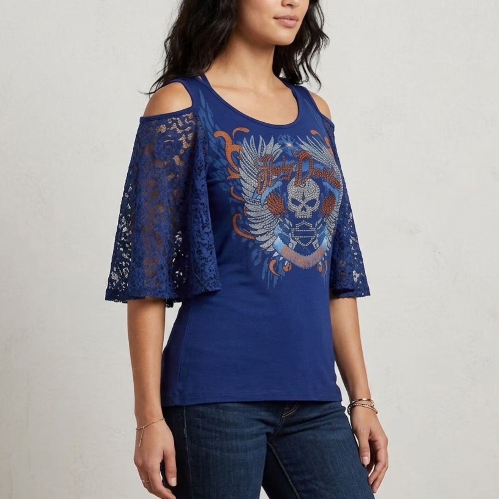 Harley-Davidson Navy Bling Cold Shoulder Lace Sleeve Graphic Top L